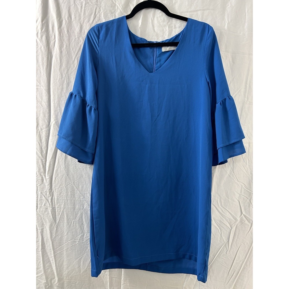BELONGSCI‎ Womens Blue Dress V-Neck Layered Bell Sleeve Casual Shift Mini Size M